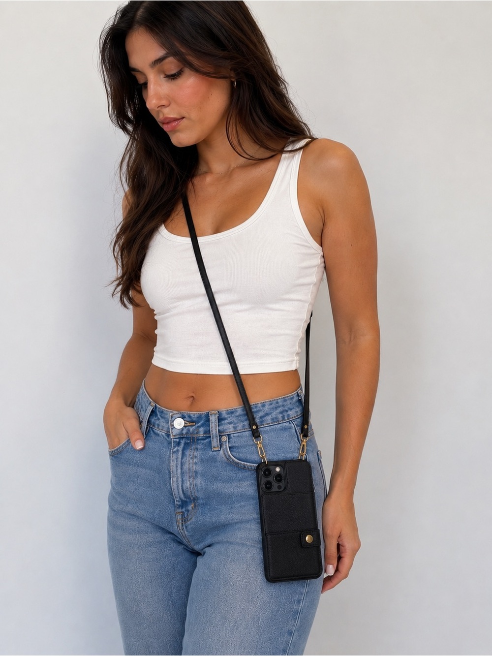 Black Crossbody Wallet Phone Case with Card Holder Strap for iPhone 13 Pro